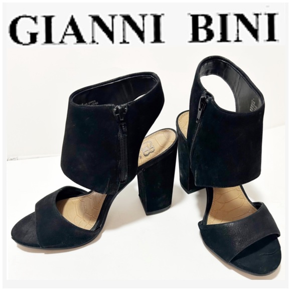 Gianni Bini Shoes - Gianni Bini, Black Leather Suede, Open Toe Blocked Heeled Sandals, SIZE 8.5M